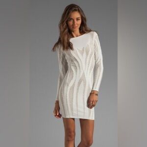 RVN Cutout Illusion Jacquard Long Sleeve Dress White Sand